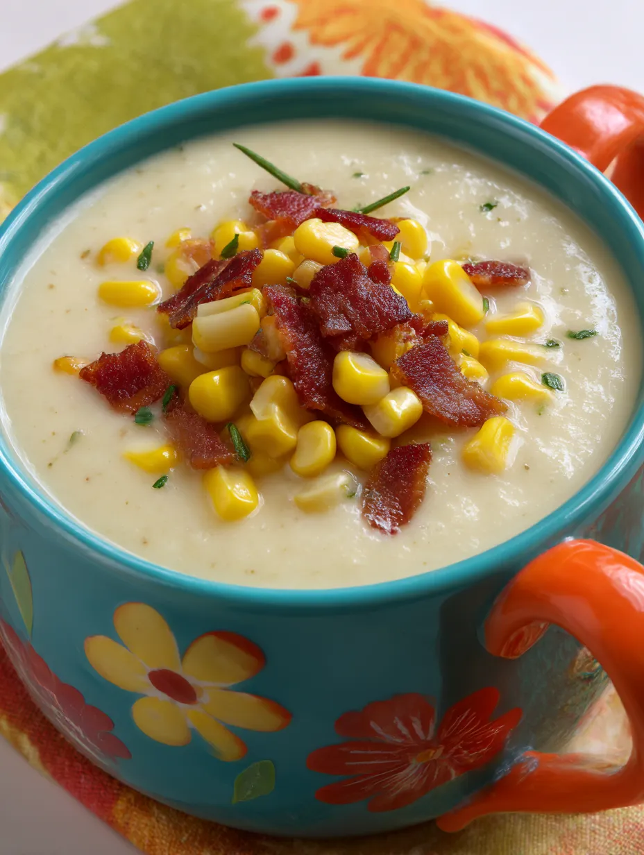 A bowl of corn soup with bacon on top.