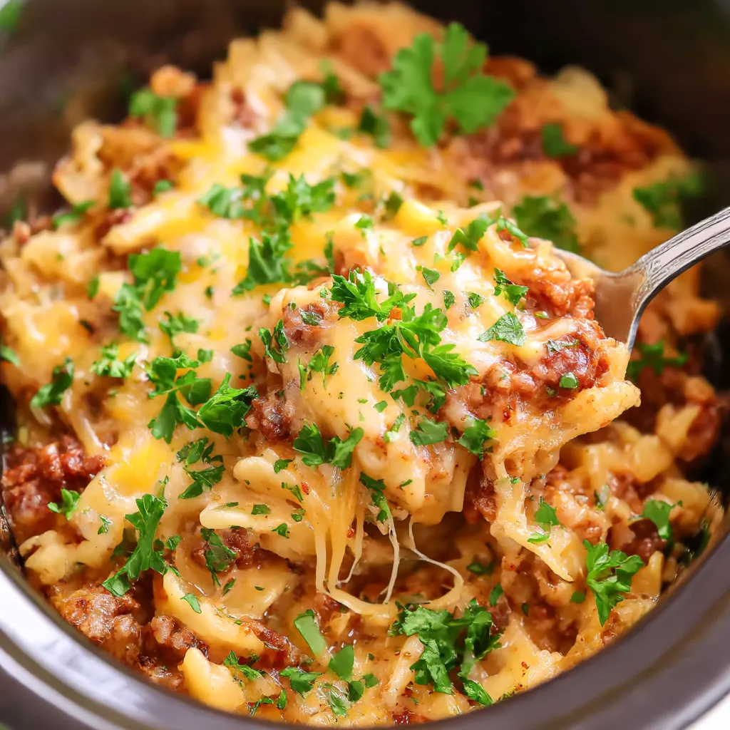 A close up of a crock pot sloppy joe hash brown casserole.
