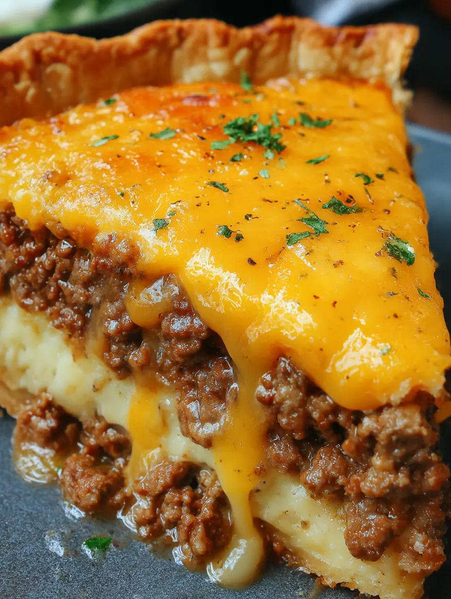 A slice of cheeseburger pie with a green garnish.