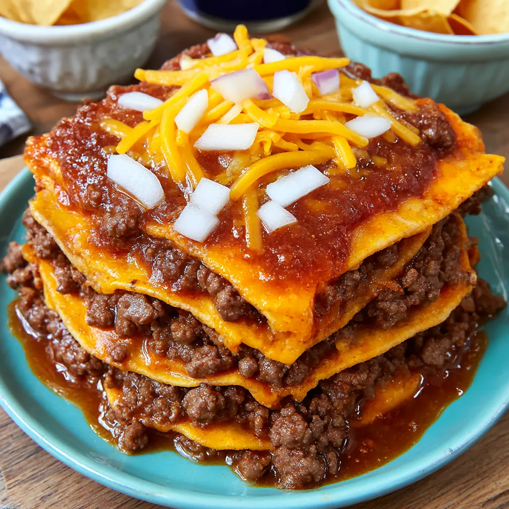 Stacked red enchiladas chihuahua style.