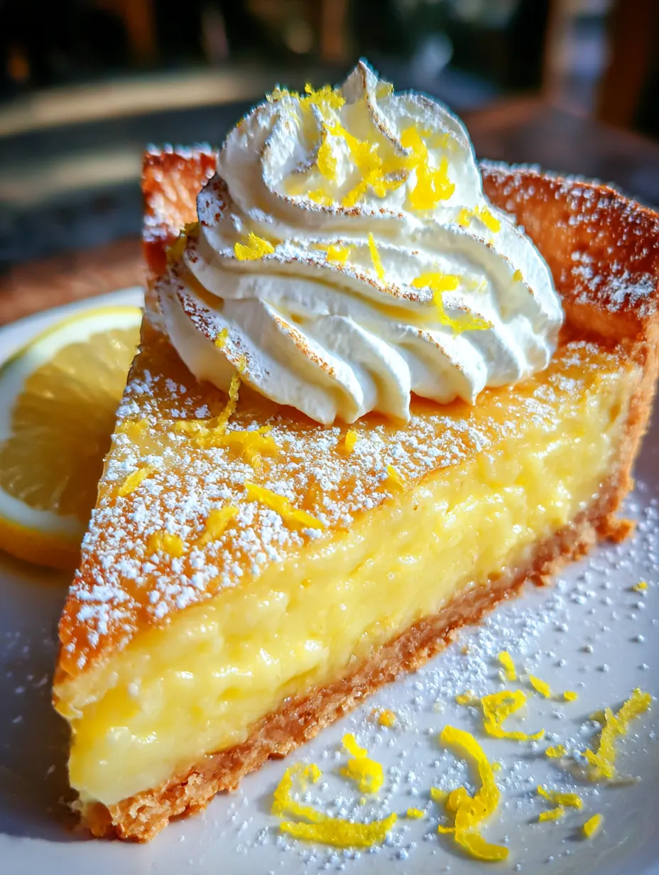 A slice of pie with a dollop of whipped cream on top.