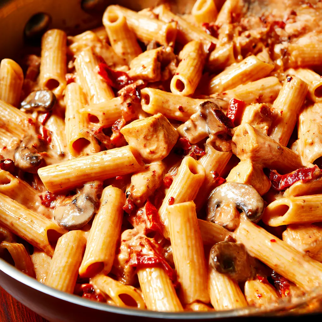 A dish of pasta with mushrooms and red peppers.