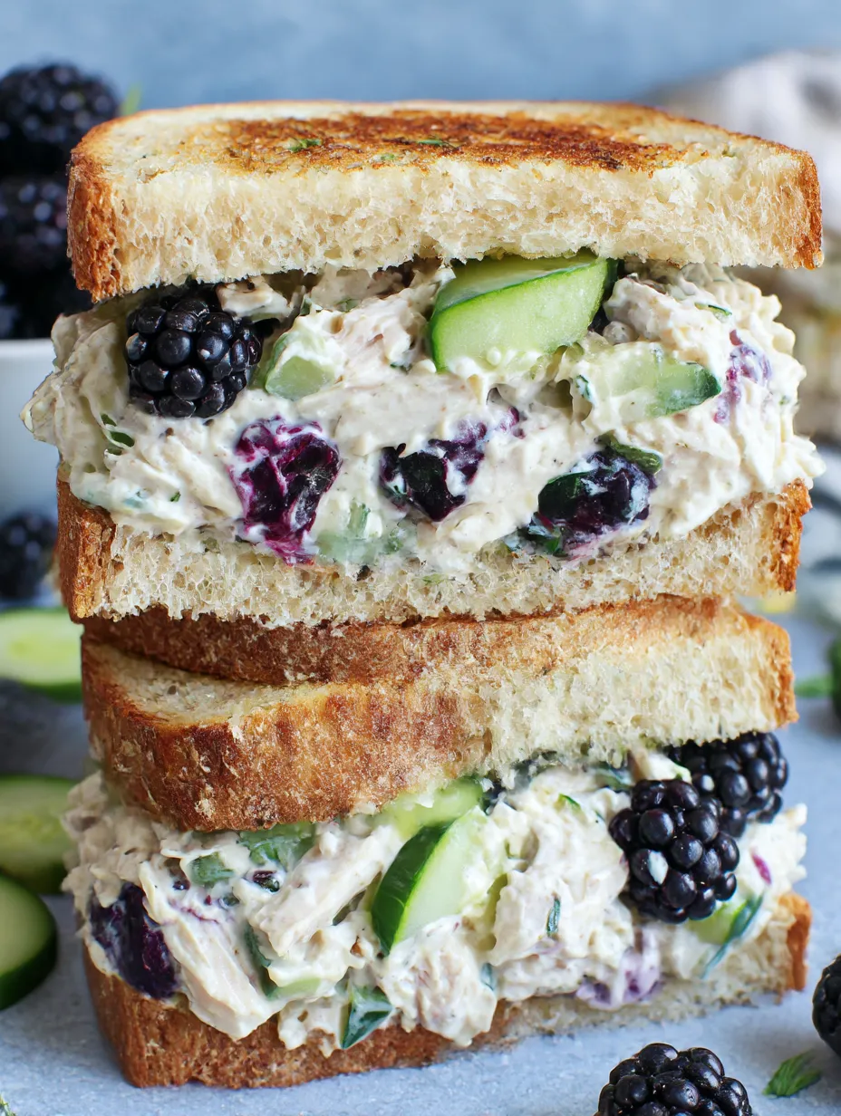 A stack of sandwiches with blackberries and cucumbers.