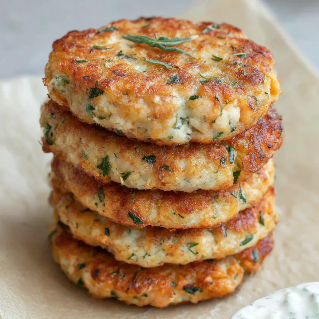 Cheesy Chicken Fritters stacked on a paper towel.