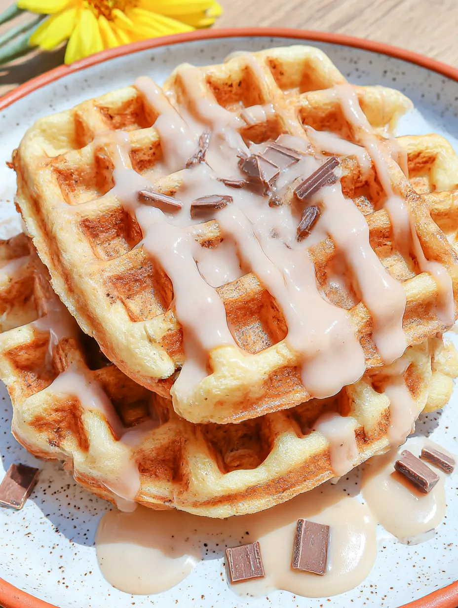 A stack of waffles with chocolate syrup on top.
