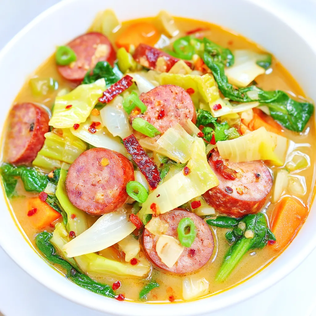 A bowl of soup with sausage and vegetables.