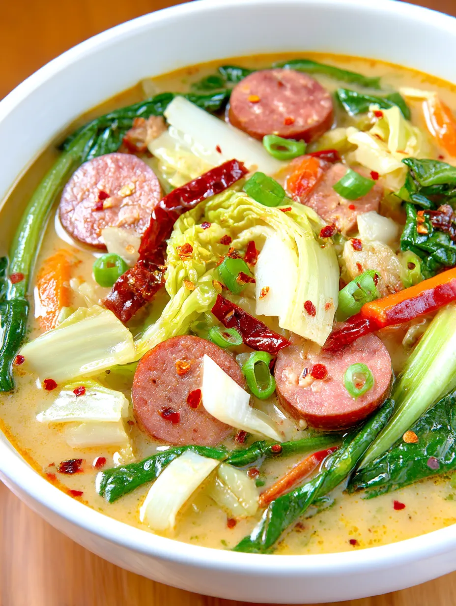 A bowl of soup with sausage and vegetables.