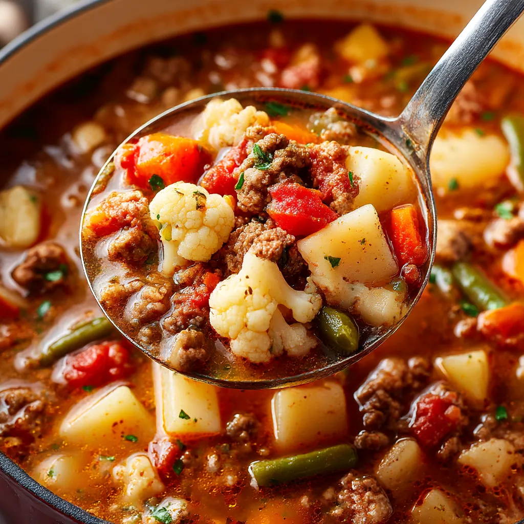 A spoonful of hamburger vegetable soup.