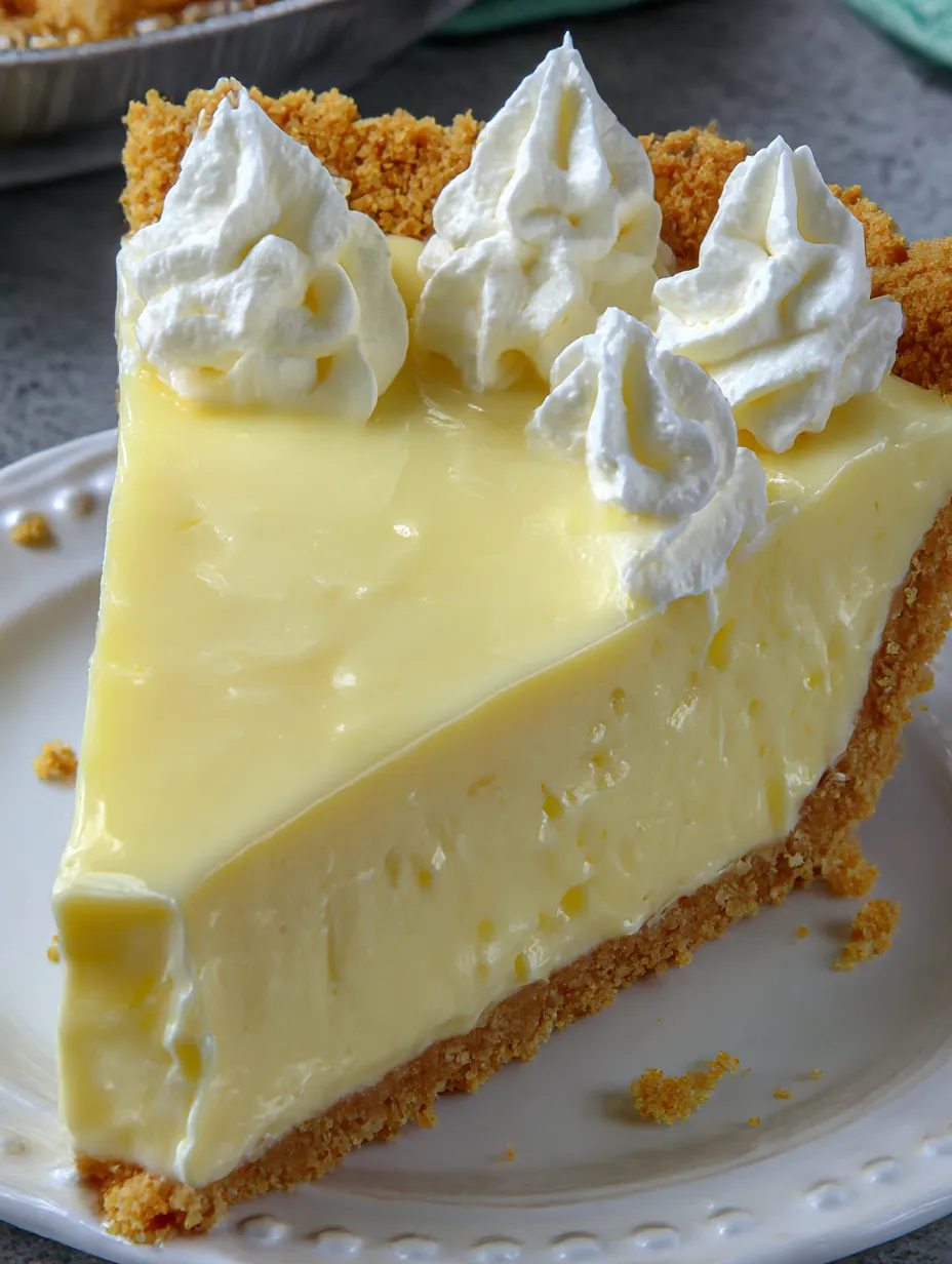 A slice of vanilla cream pie with whipped cream on top.