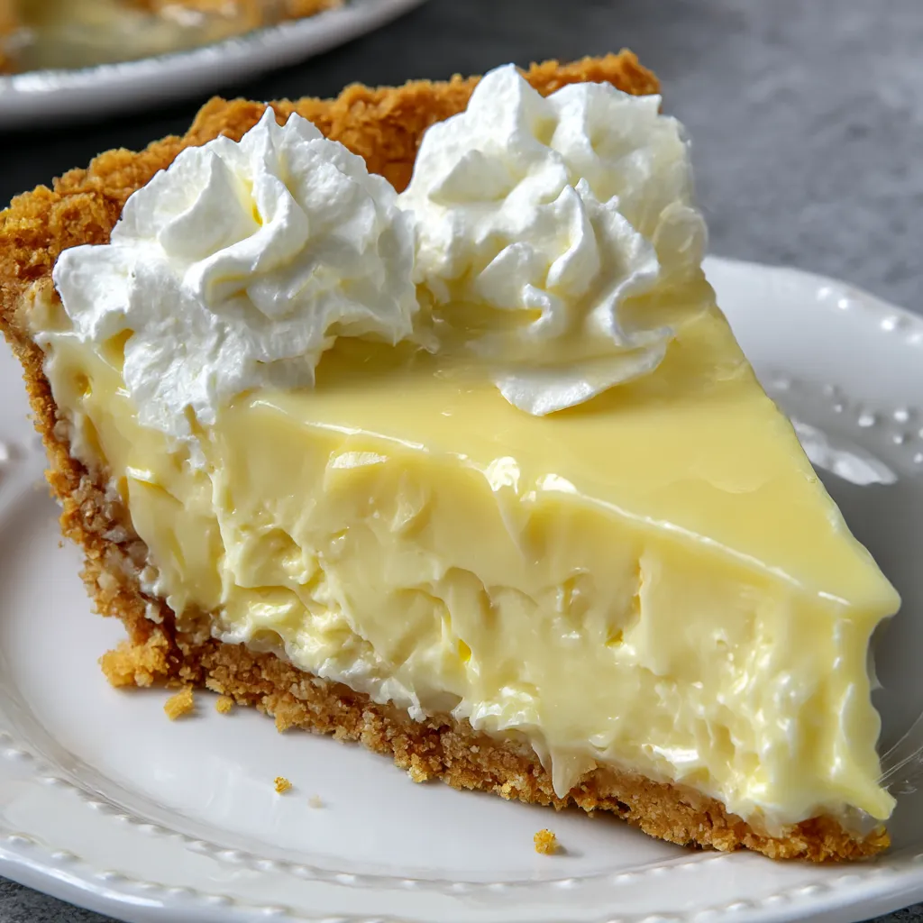 A slice of vanilla cream pie on a plate.