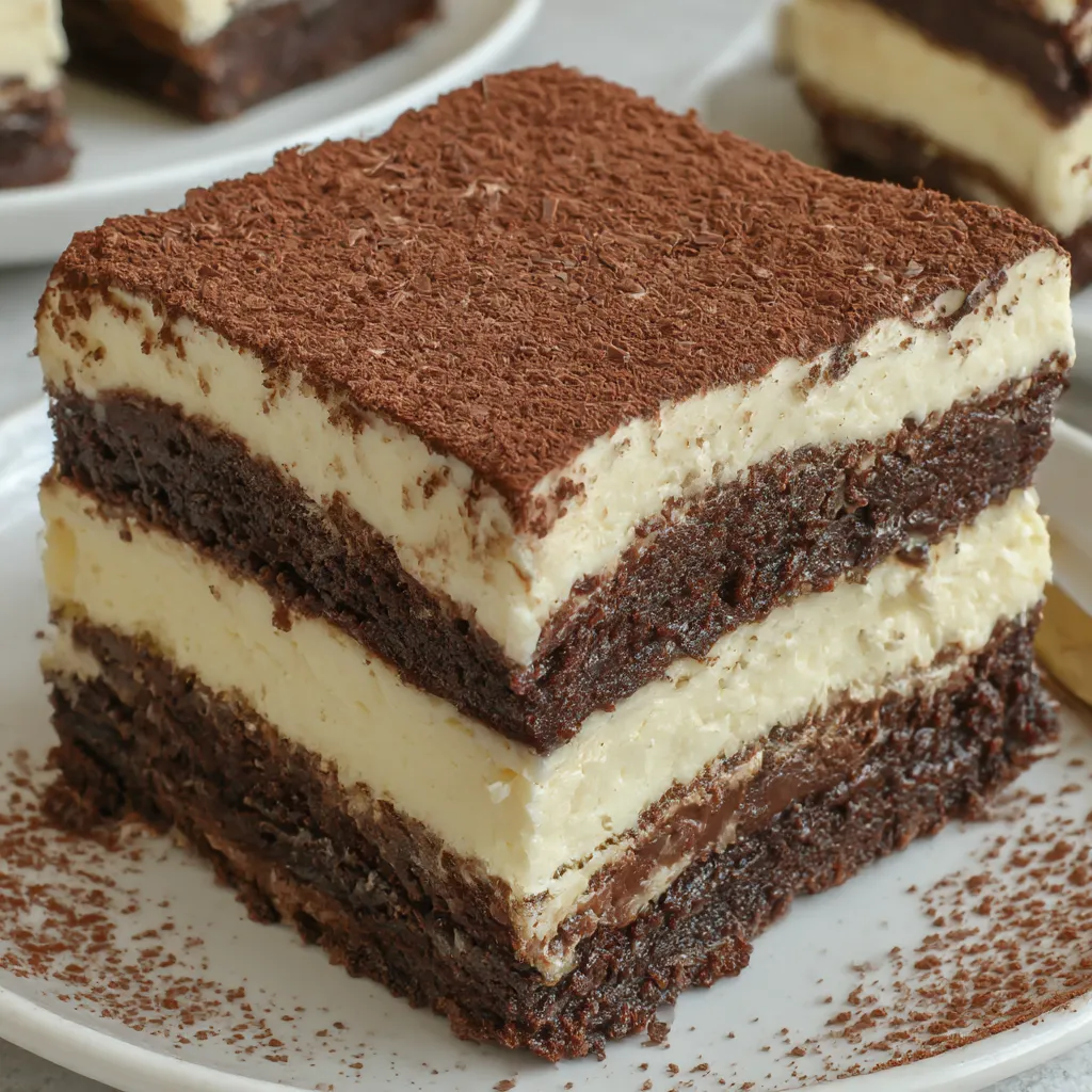A slice of Tiramisu Brownies.
