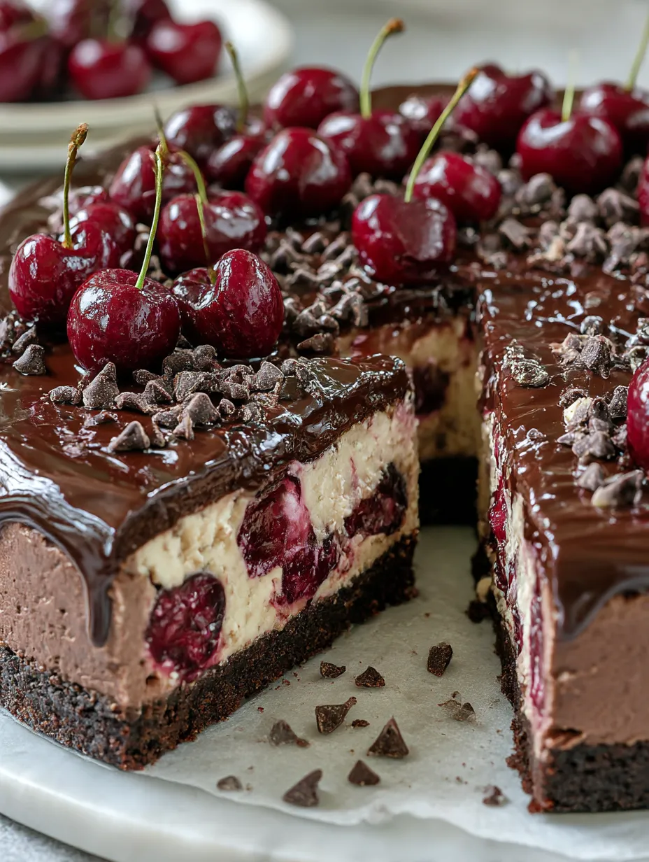 A slice of chocolate cherry cheesecake.