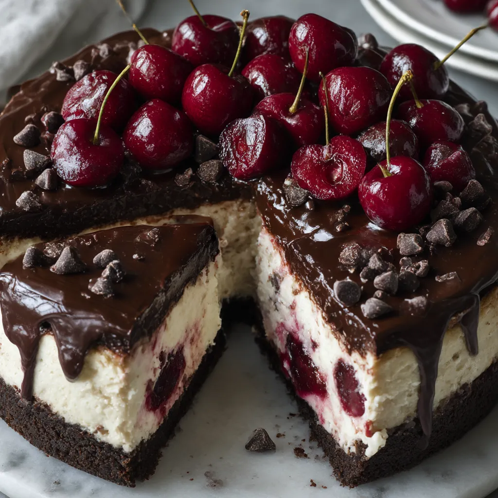A slice of chocolate cherry cheesecake.