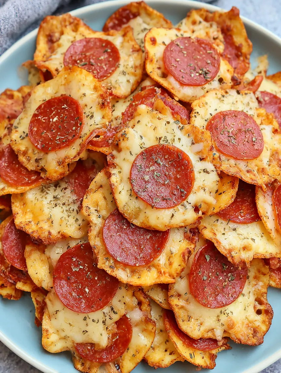 A plate of pizza chips with cheese and pepperoni.