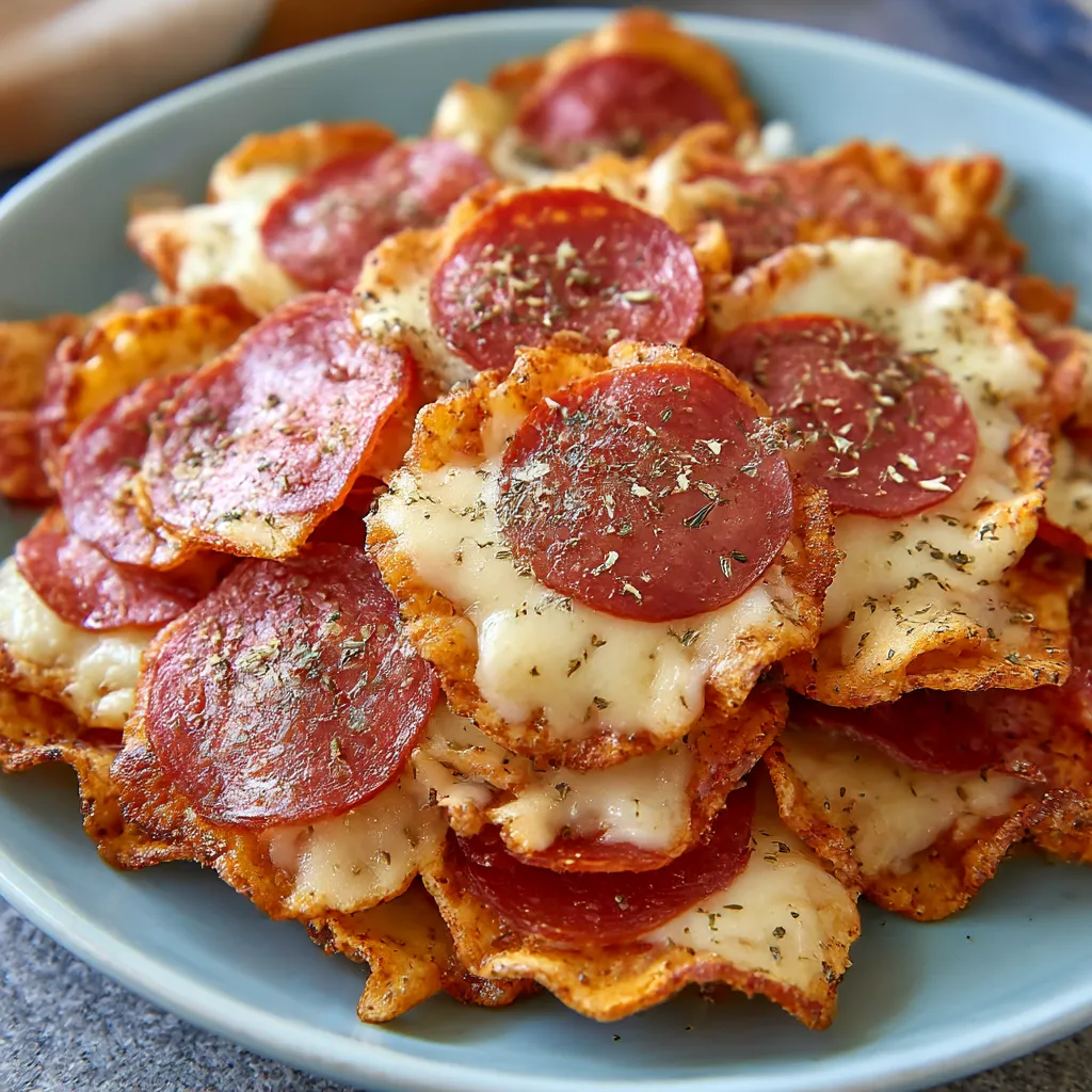 A bowl of pizza chips with cheese and pepperoni.
