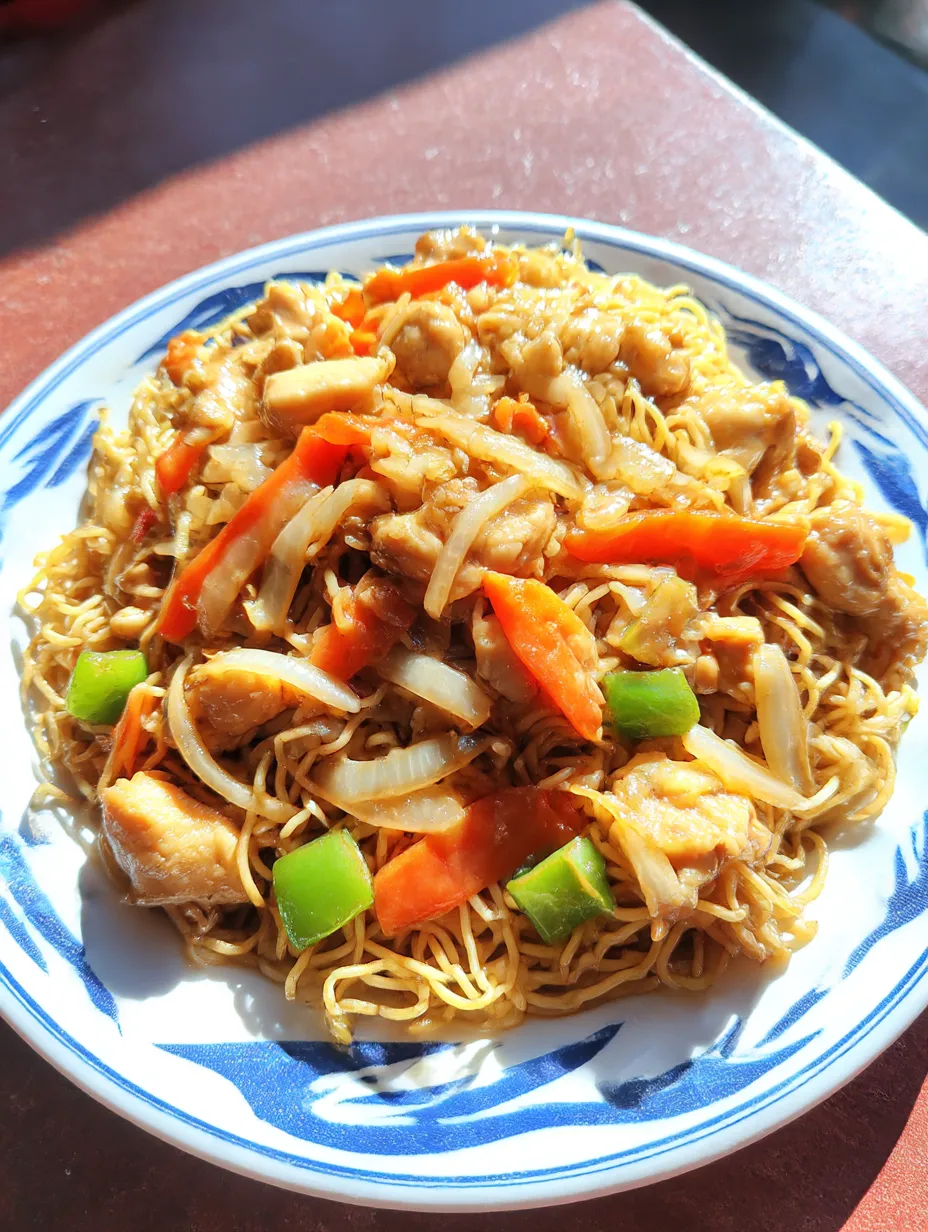A plate of chicken chow mein with vegetables.