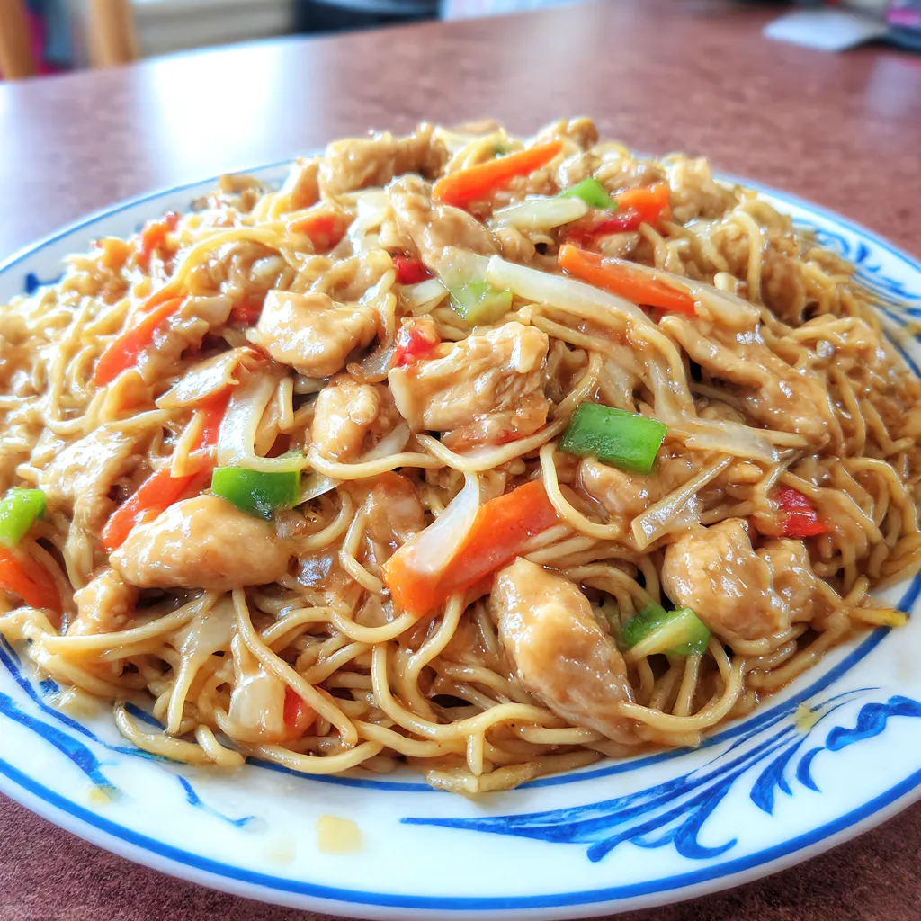 A plate of chicken chow mein noodles.