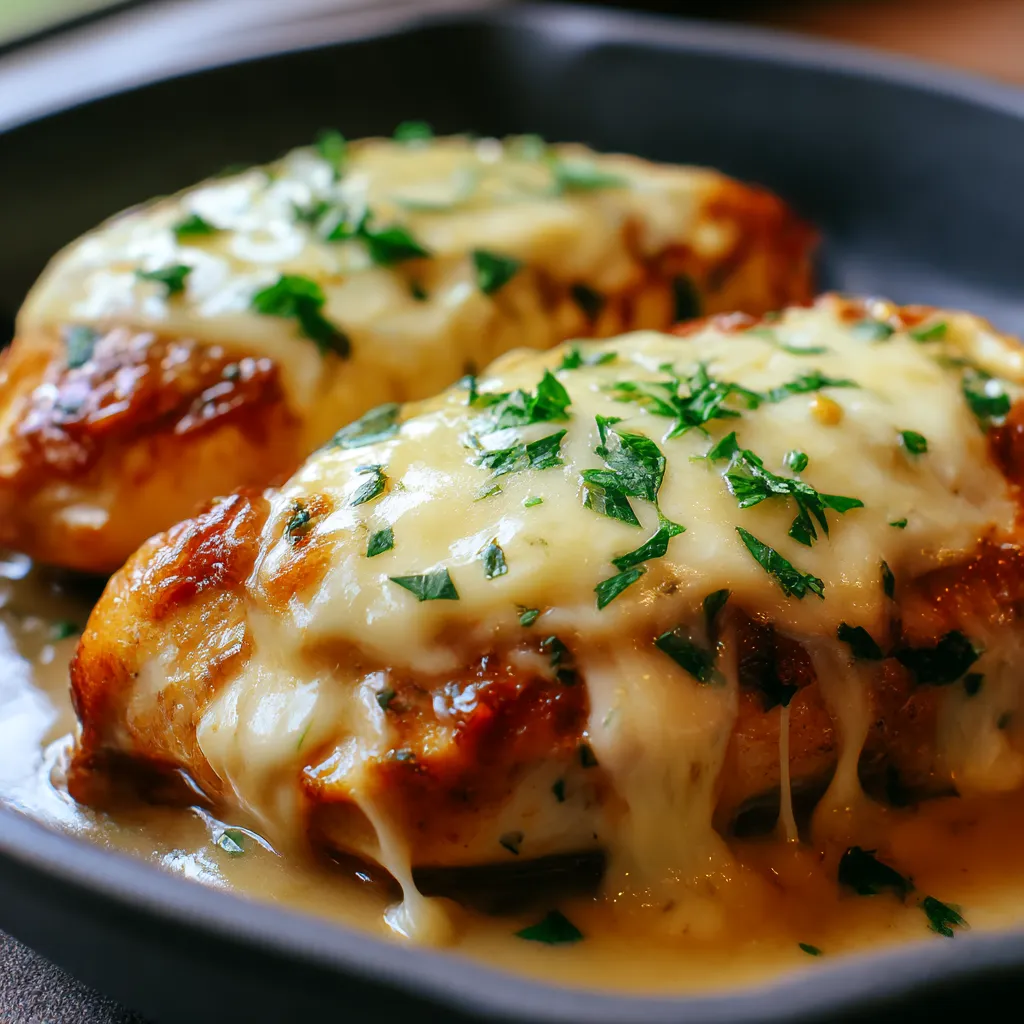 A plate of smothered chicken with cheese and herbs.