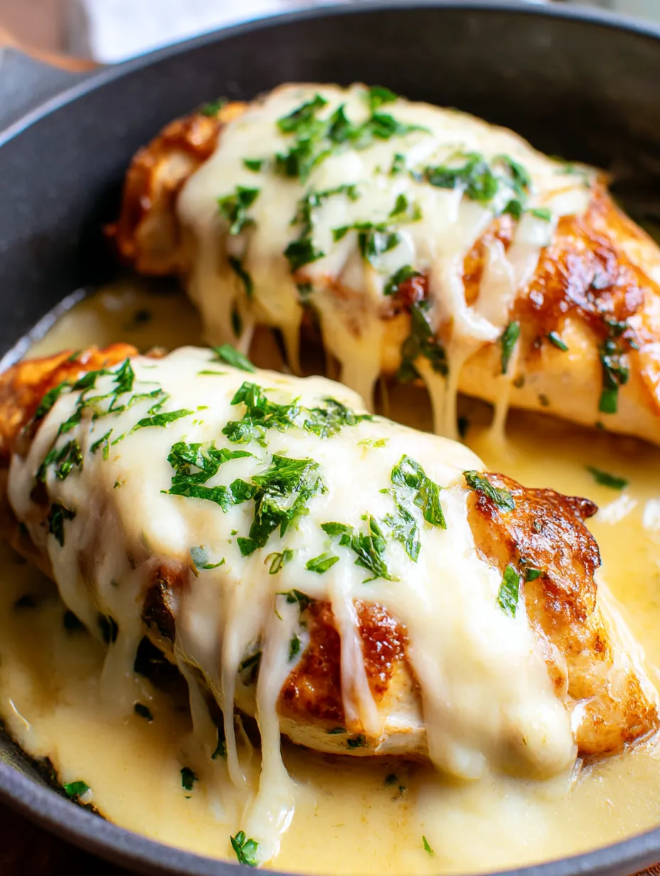 A dish of smothered chicken with cheese and herbs.