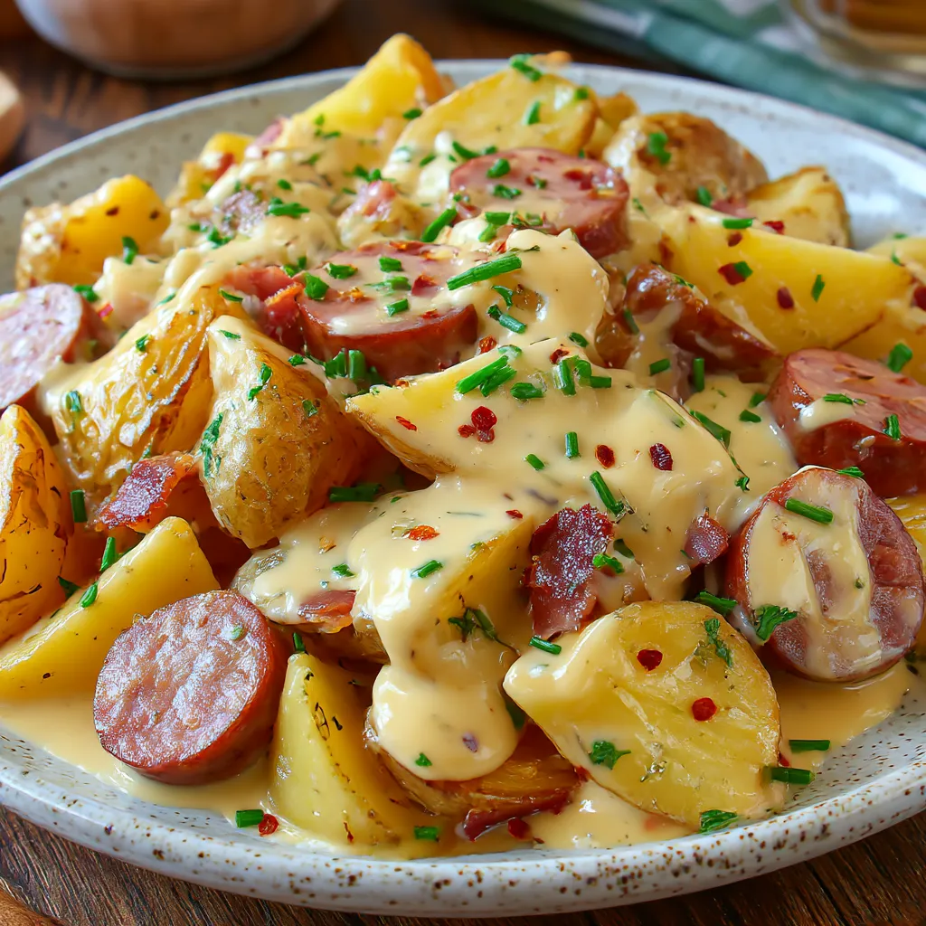 A plate of cheesy ranch potatoes and smoked sausage.