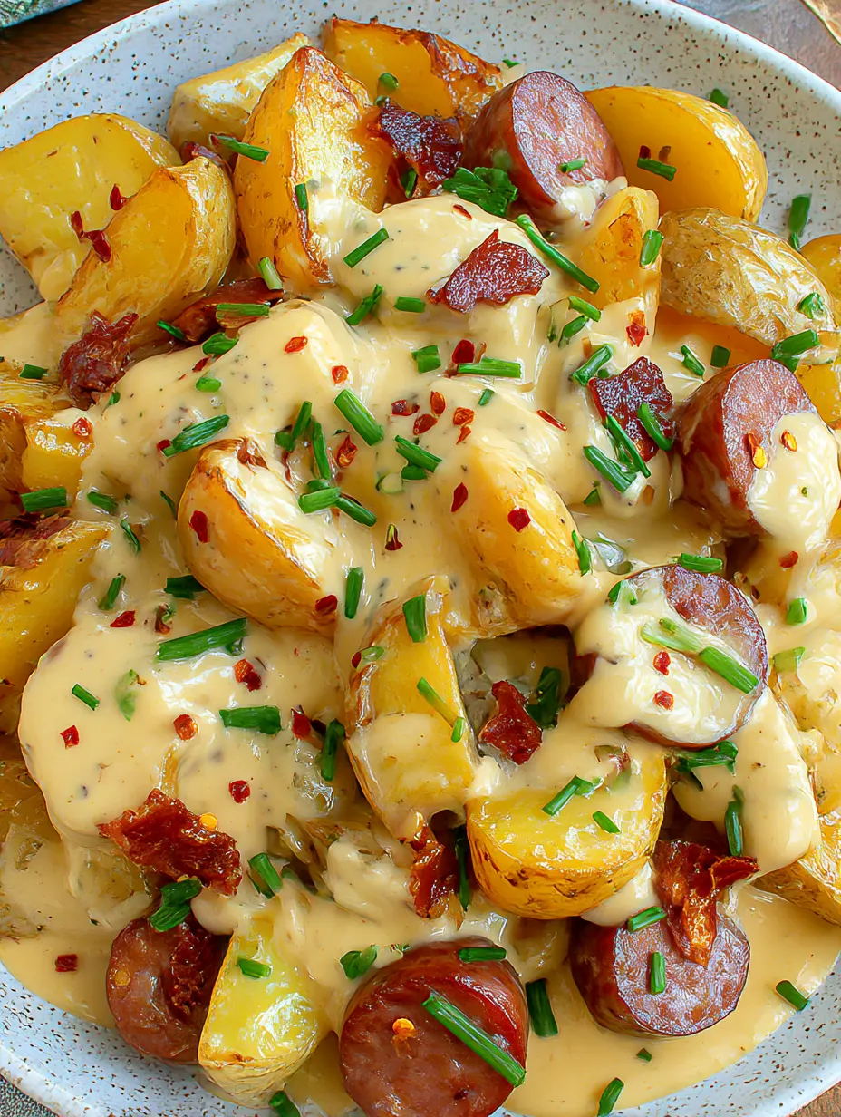 A plate of cheesy ranch potatoes and smoked sausage.