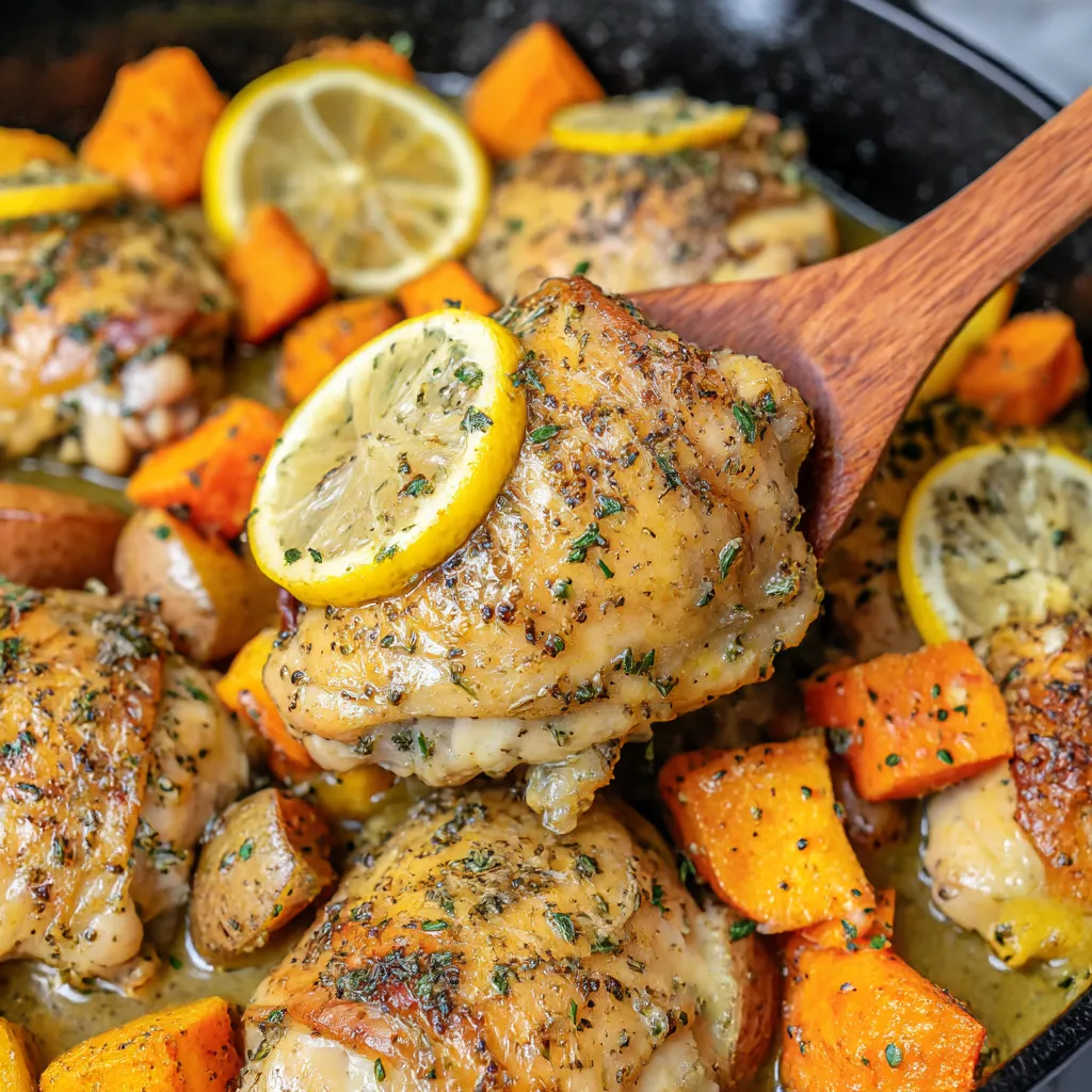 A pan of garlic herb roasted chicken and potatoes.