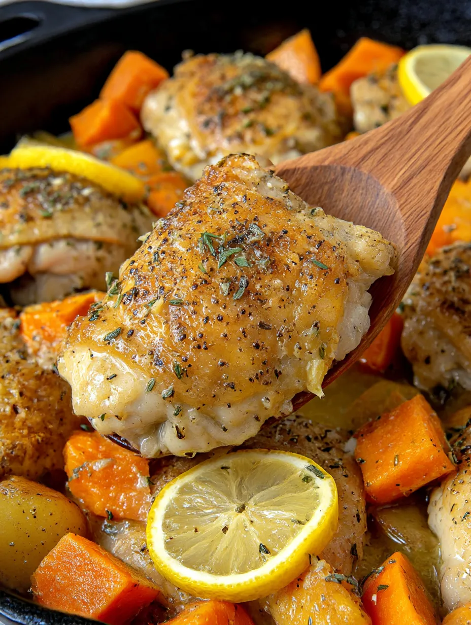 A wooden spoon is being used to pick up a piece of chicken.