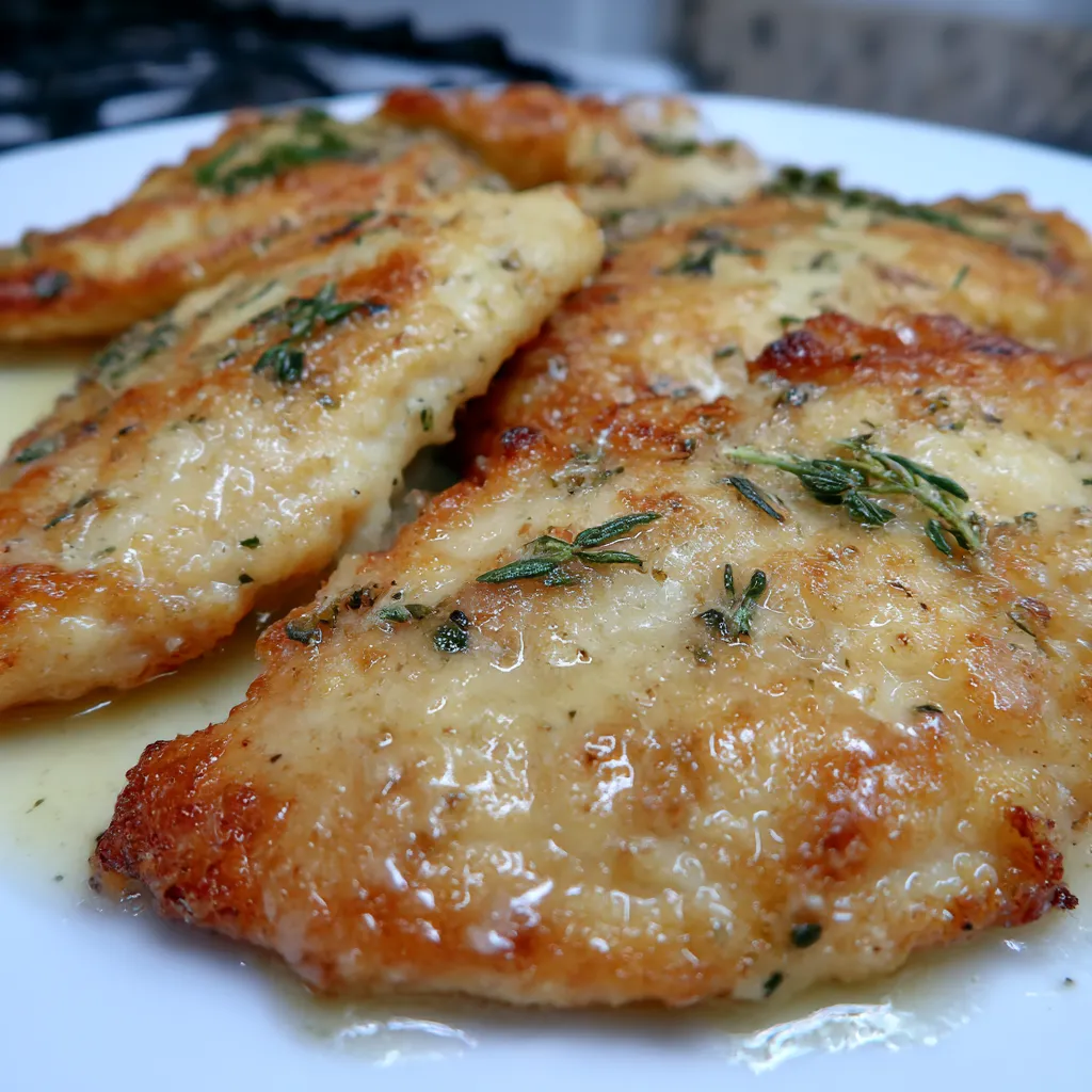 A plate of chicken breast with herbs and sauce.