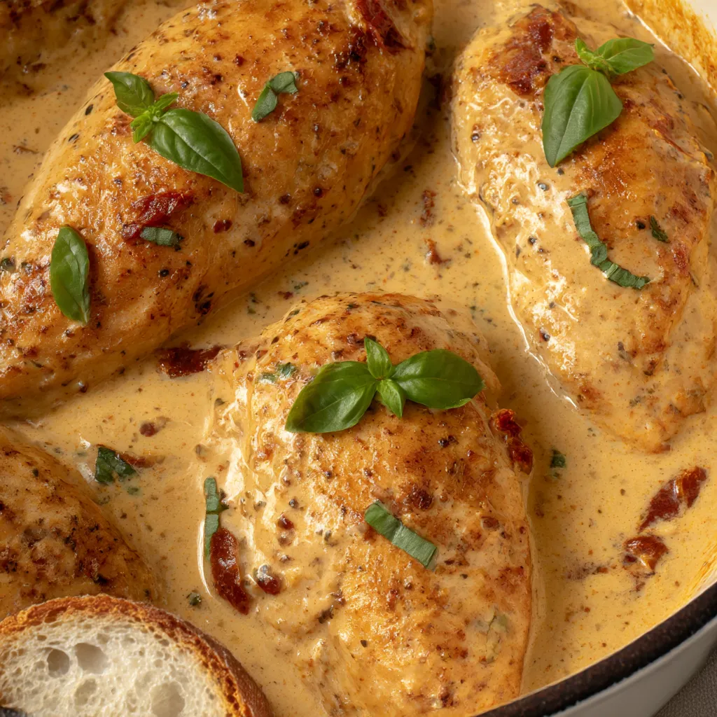 Chicken in a cream sauce with herbs.