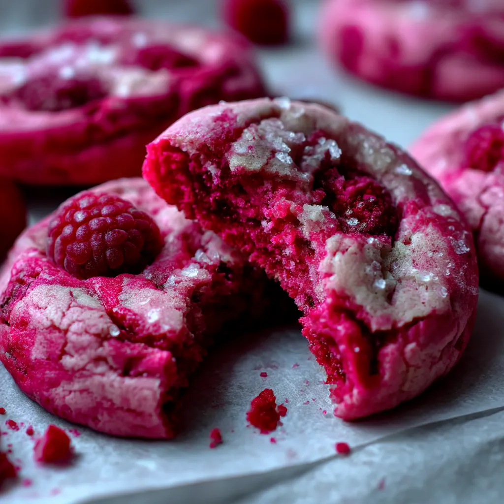 A half eaten pink raspberry cookie.