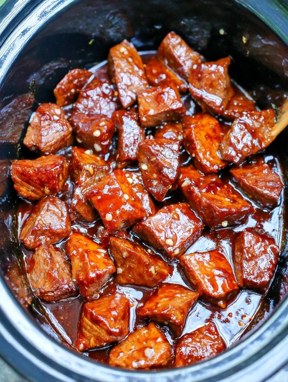 A pot of honey garlic steak bites.