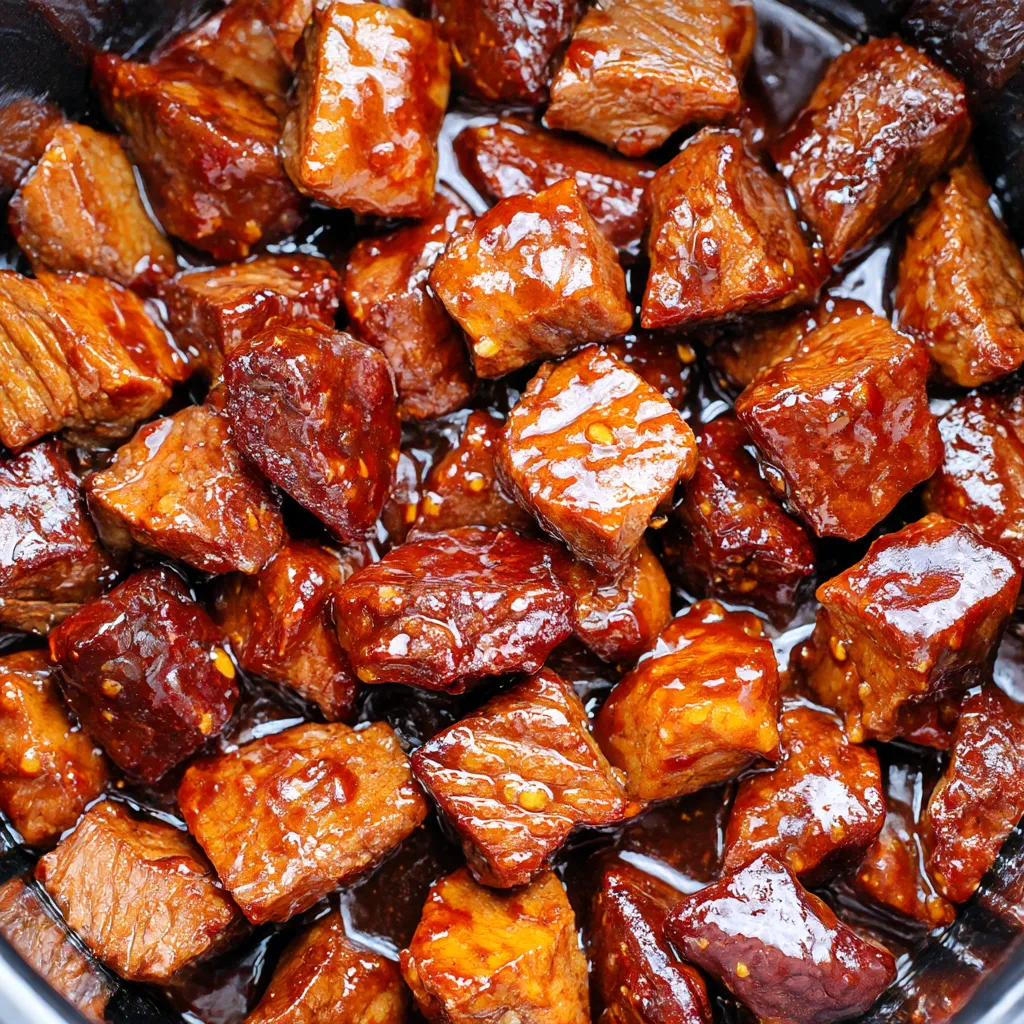 A bowl of honey garlic steak bites.