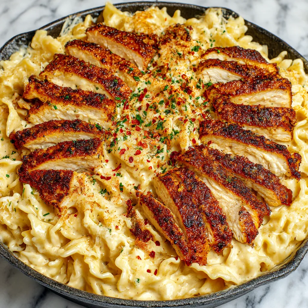 A dish of blackened cajun chicken alfredo.