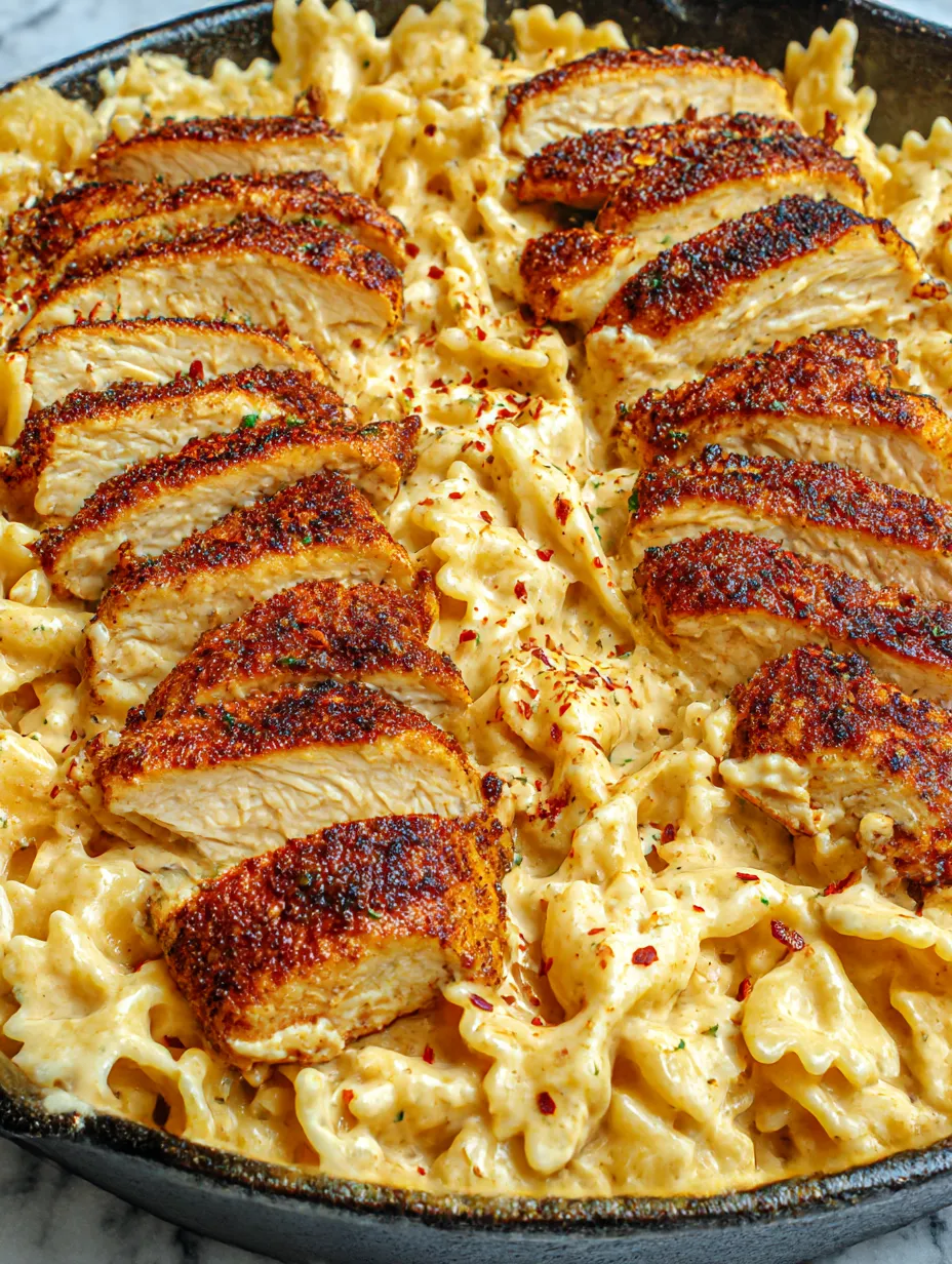 A dish of blackened cajun chicken alfredo.