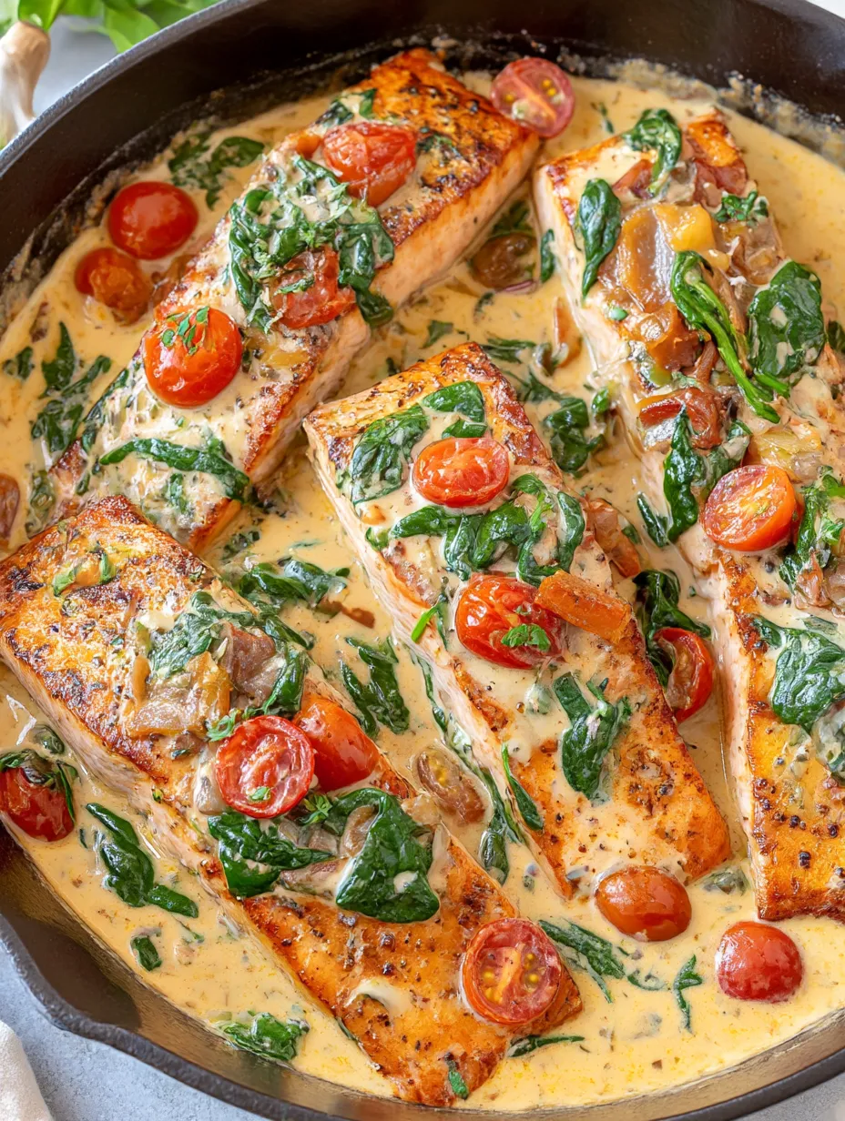A dish of cooked salmon with tomatoes and greens.