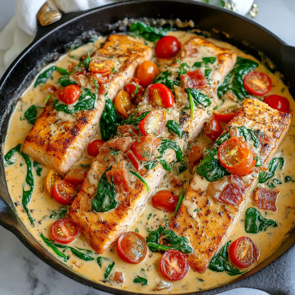 A pan of salmon with tomatoes and greens.