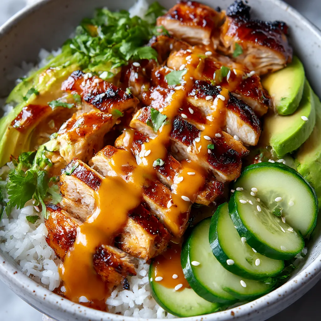 A bowl of food with chicken, rice, and vegetables.