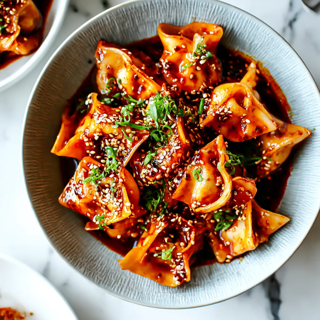 A bowl of chicken wontons in spicy chili sauce.