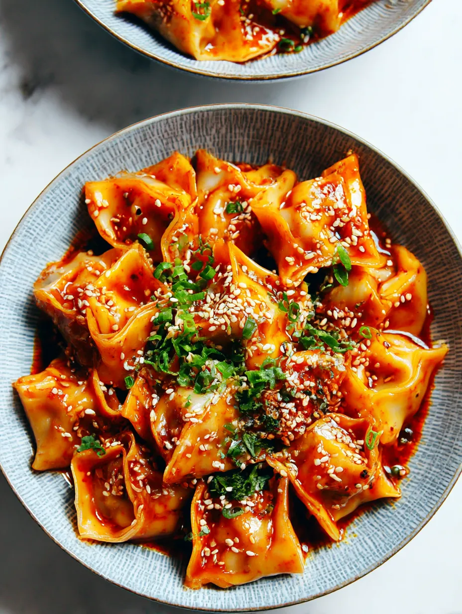 A bowl of chicken wontons in spicy chili sauce.