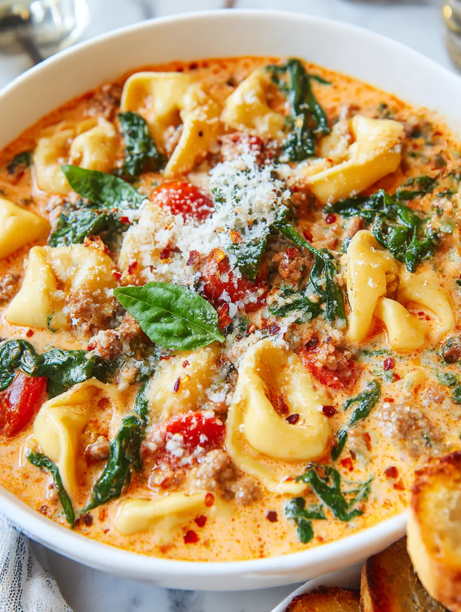 A bowl of soup with pasta and tomatoes.