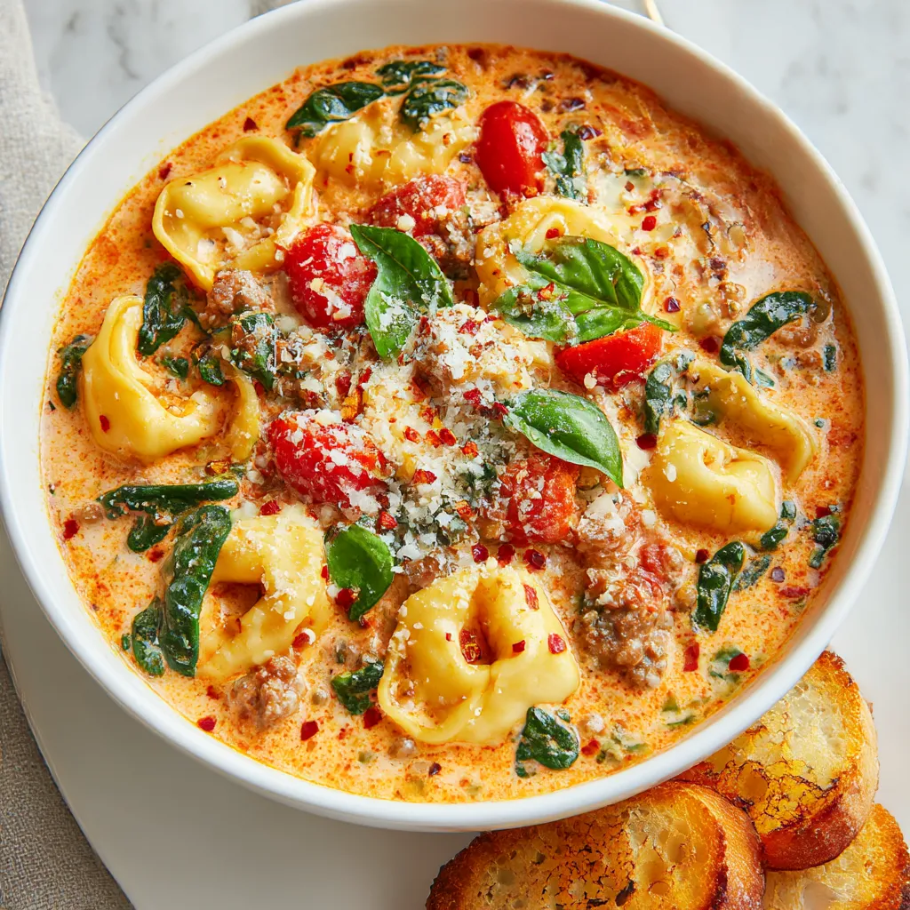 A bowl of soup with tortellini and tomatoes.