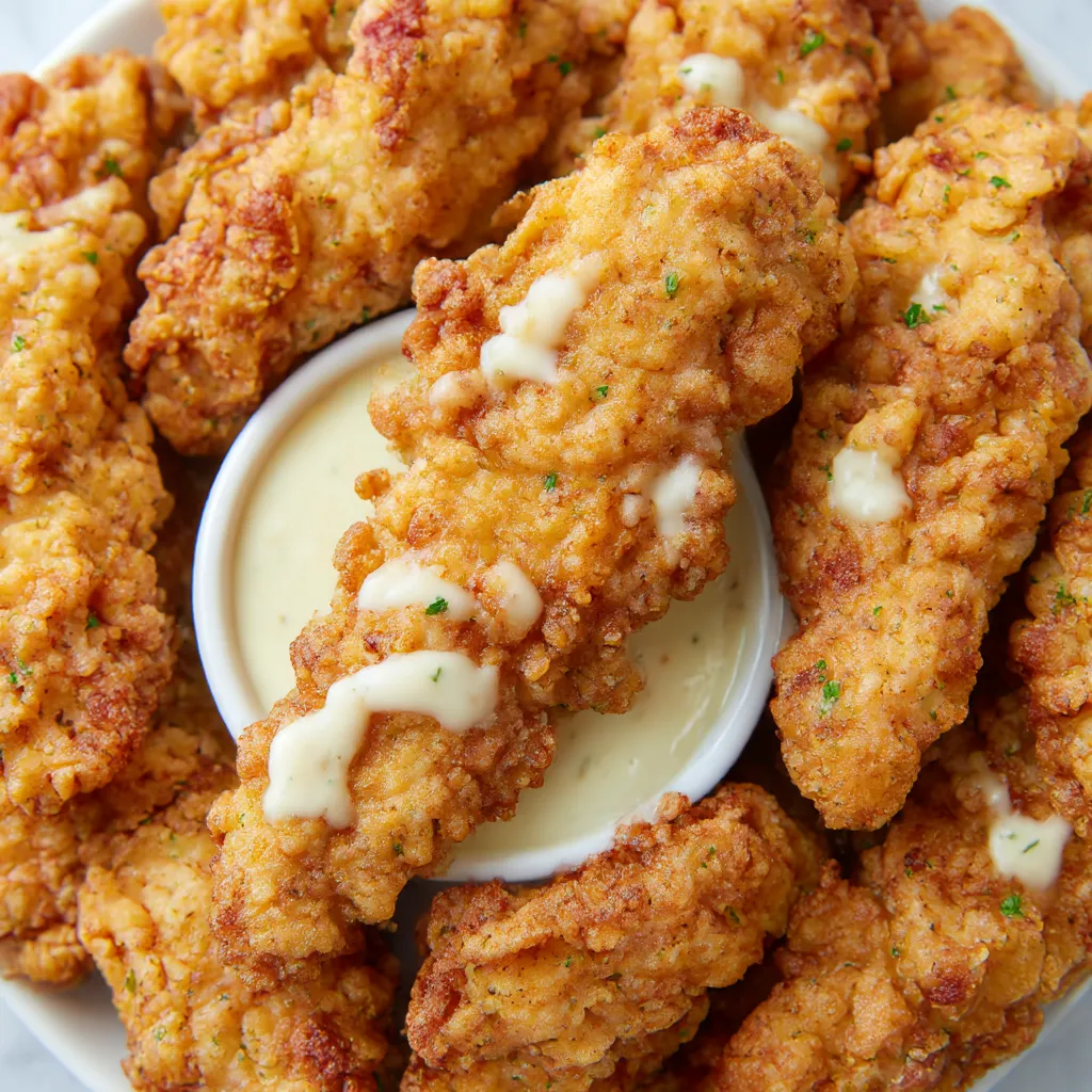 A bowl of fried chicken tenders with a white dipping sauce.