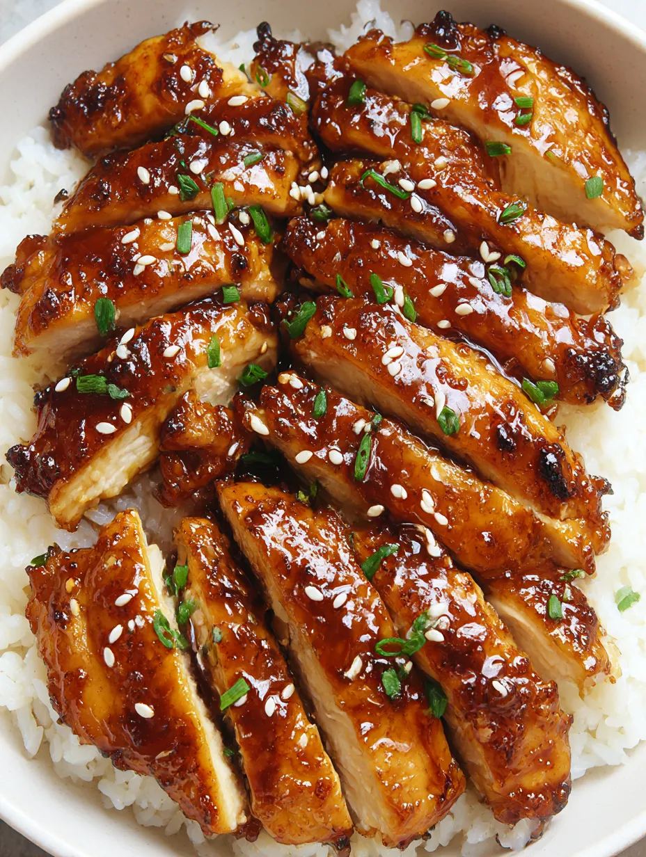 A plate of chicken with sauce and rice.