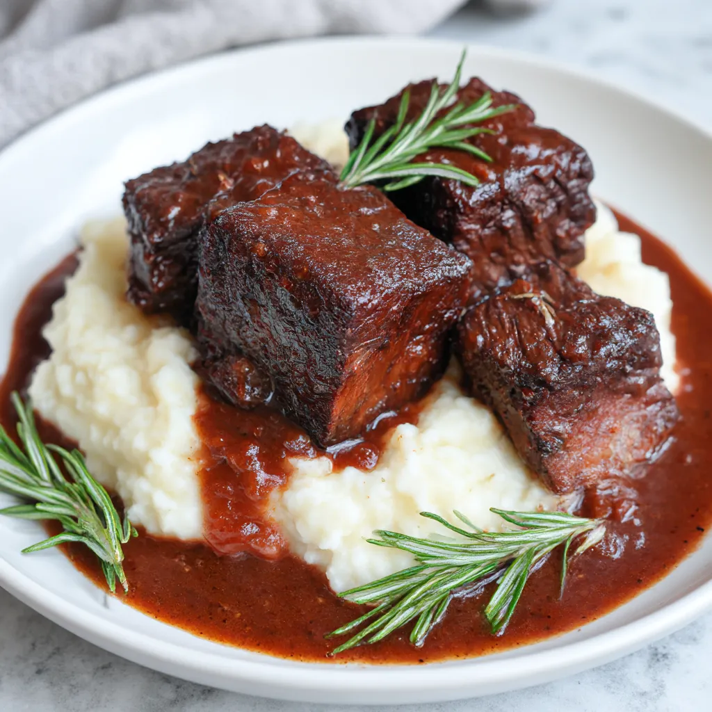 A plate of braised short ribs with a sprig of rosemary on top.