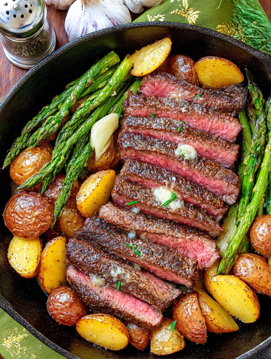 A pan-fried steak with garlic butter, potatoes and asparagus.