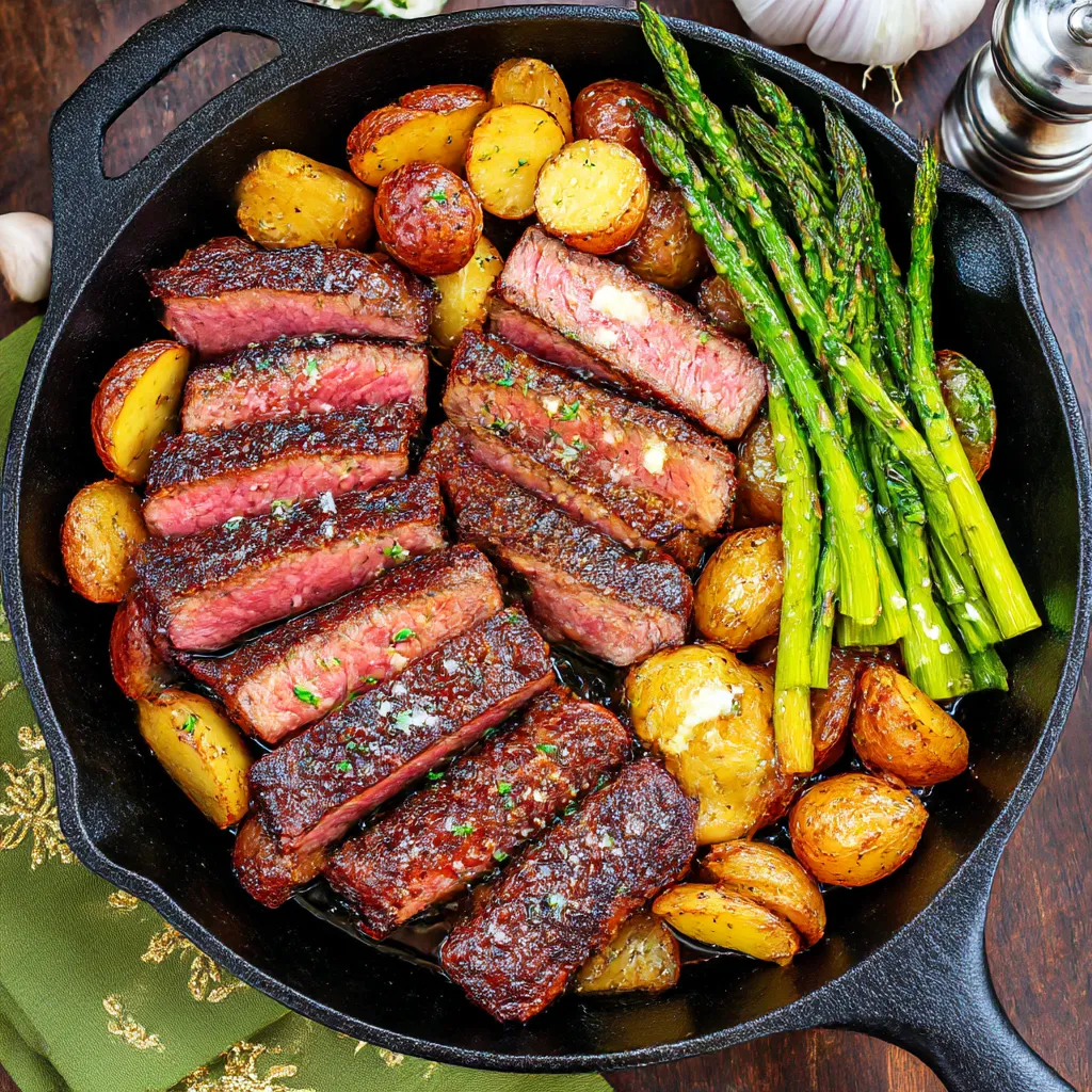 A pan-fried garlic butter steak with crispy potatoes and asparagus.