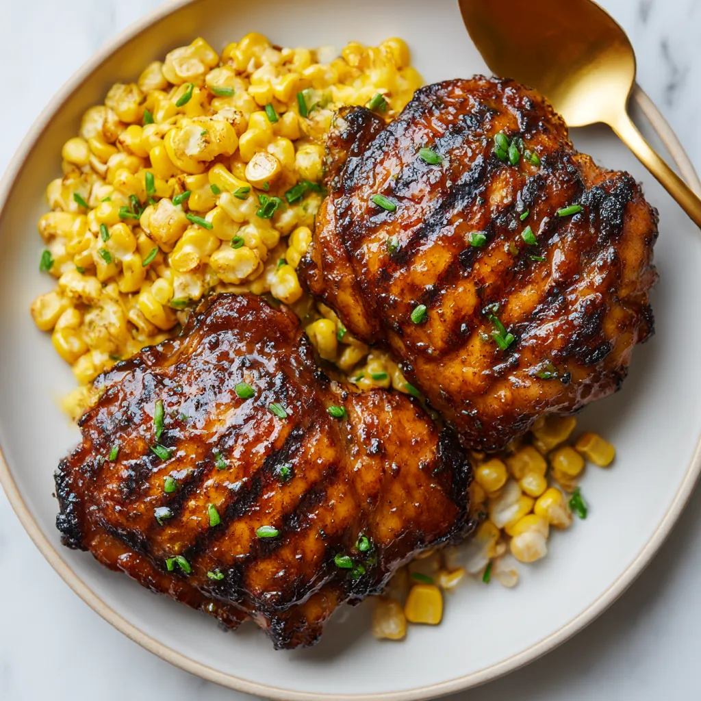 A plate of food with BBQ chicken and corn.