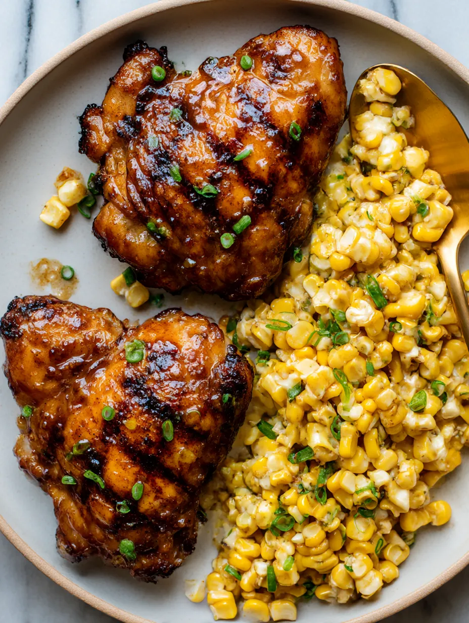 A plate of BBQ chicken with corn on the cob.
