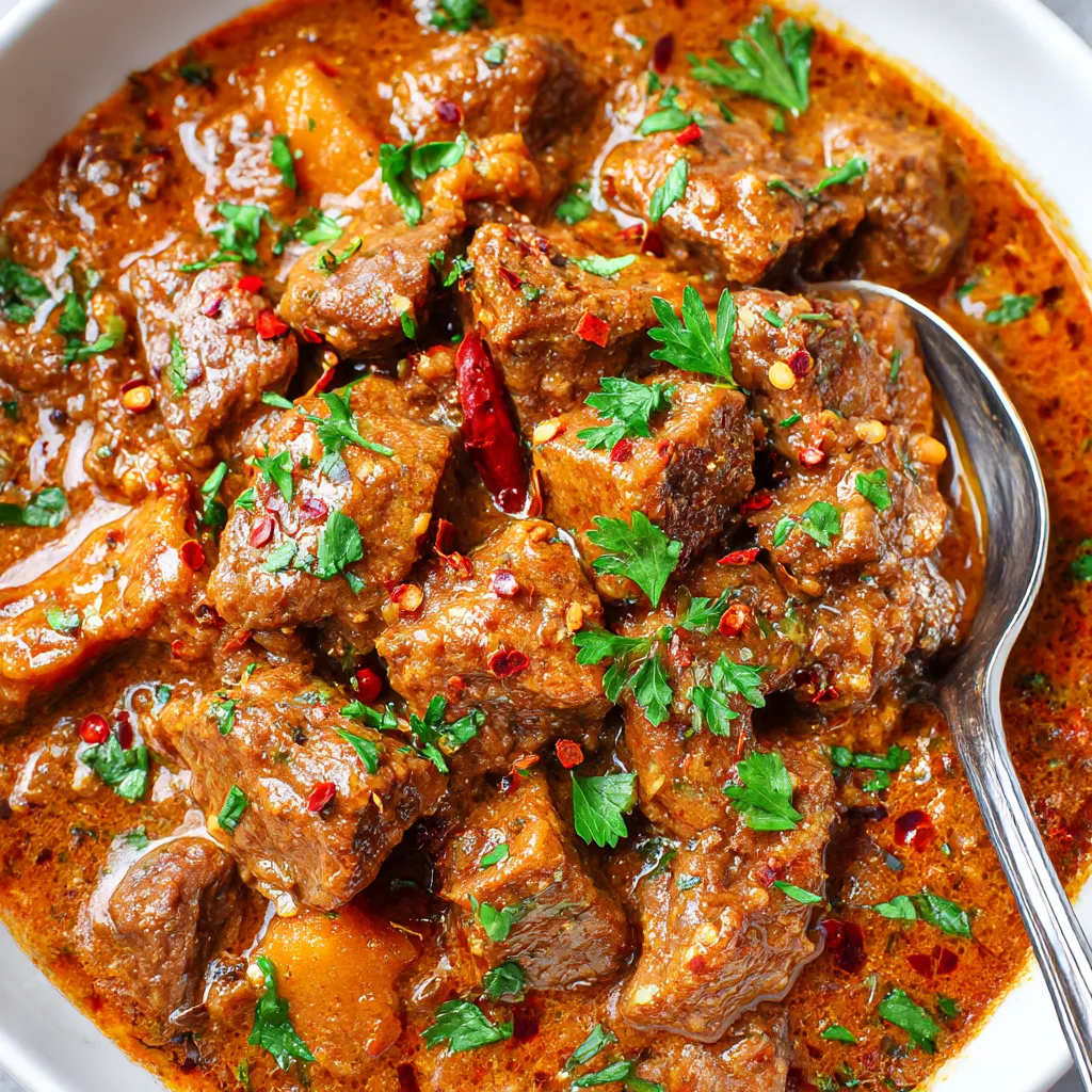 A bowl of carne guisada with a spoon in it.