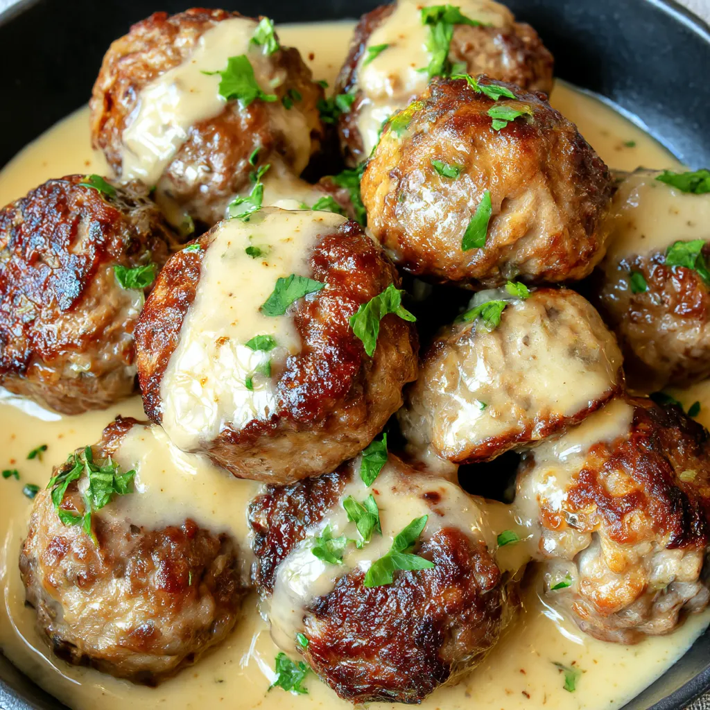 A plate of garlic butter chicken balls with creamy parmesan pasta.